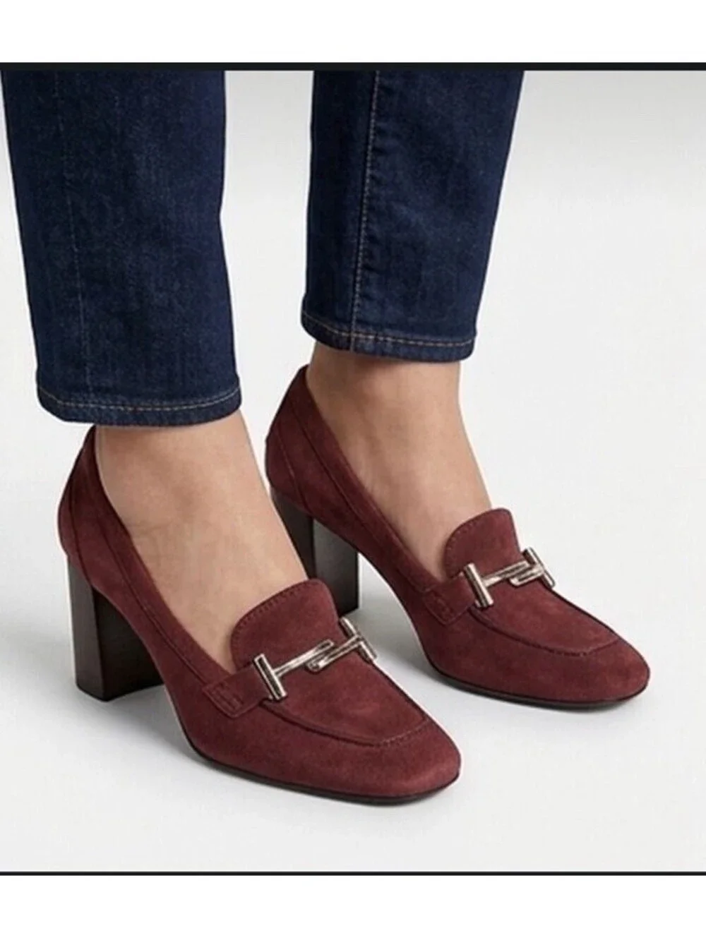 Tod's T Timeless Suede Heeled Loafers Burgundy Gold T Hardware Womens Sz 8